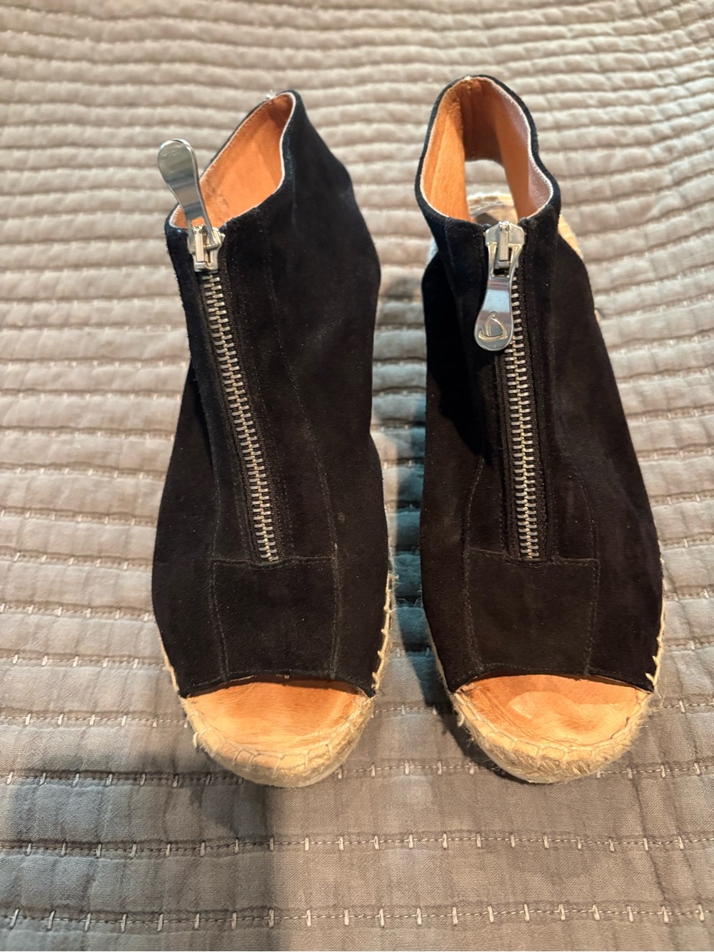 Black Suede Peep-Toe Wedge Espadrille with Front Zip